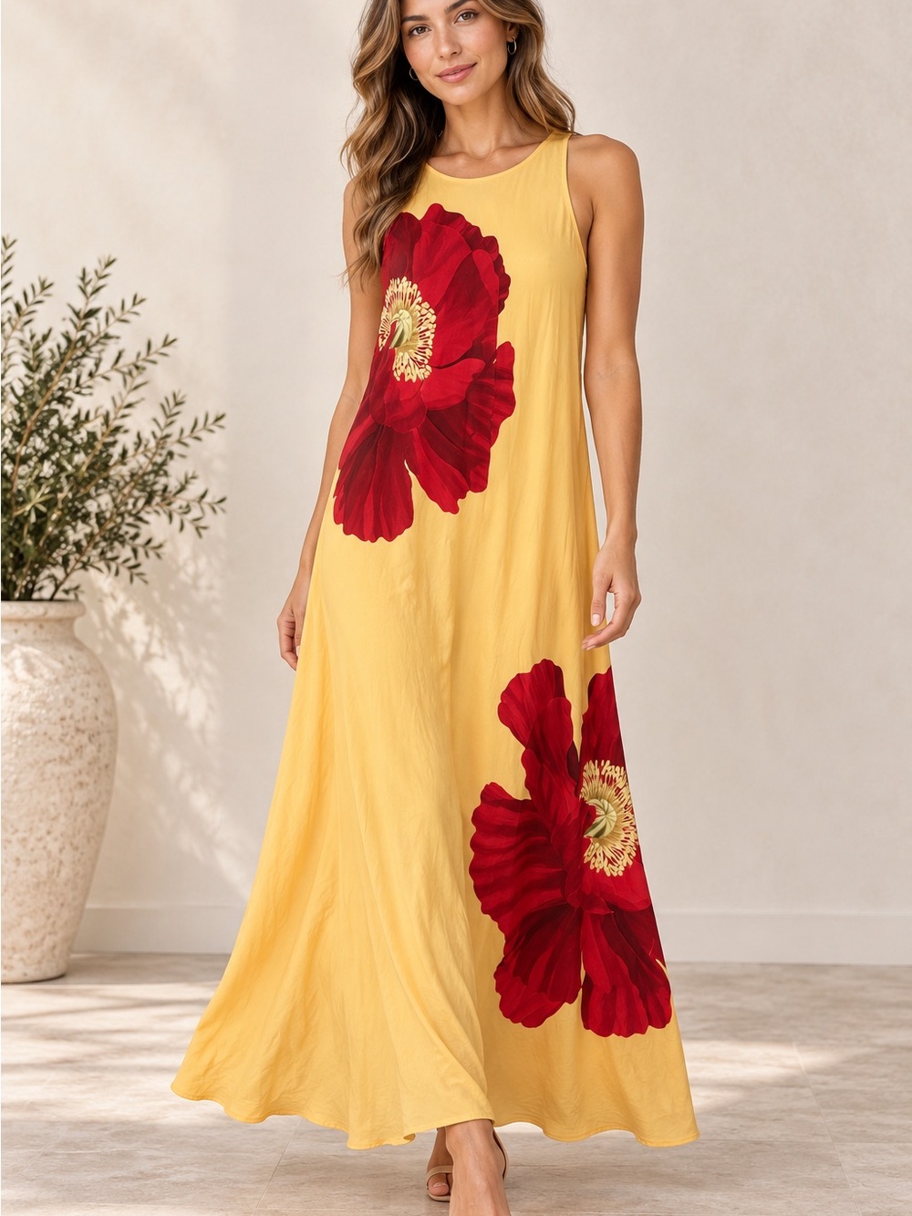 FARM Rio Yellow Maxi Dress with Bold Red Floral Motif